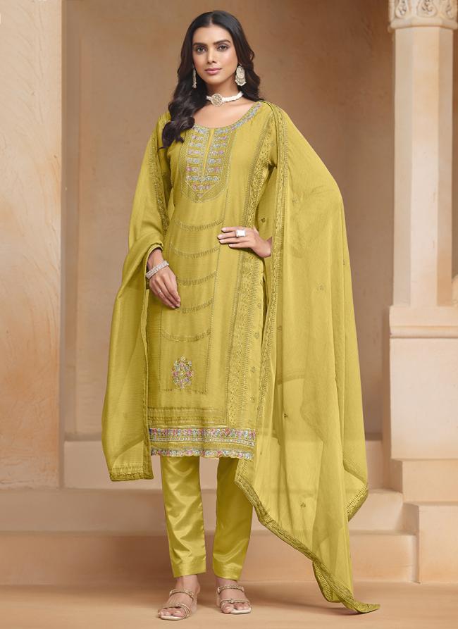 Organza Chiffon Yellow Traditional Wear Embroidery Work Straight Suit